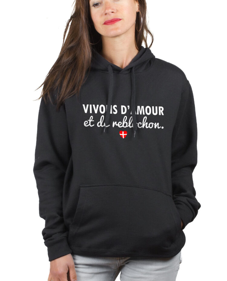 SWFNOI hoodie Sweat capuche Femme Noir VIVONS D AMOUR ET DE REBLOCHON