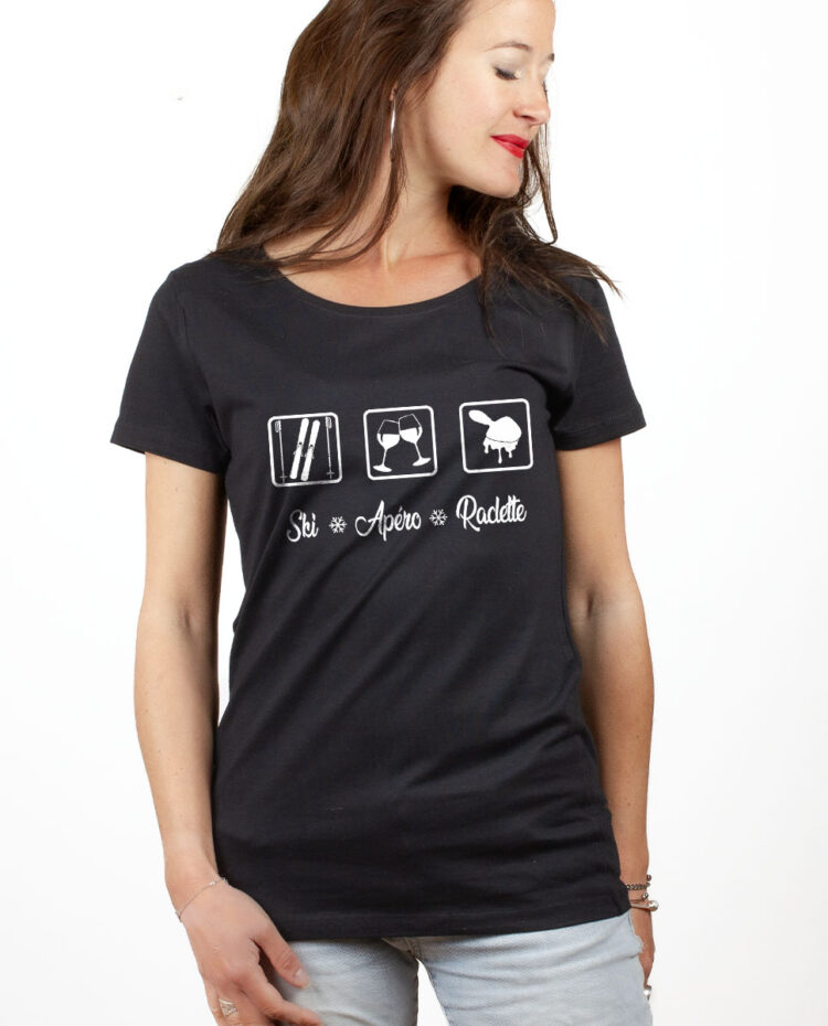 TSFN T shirt Femme Noir SKI APERO RACLETTE