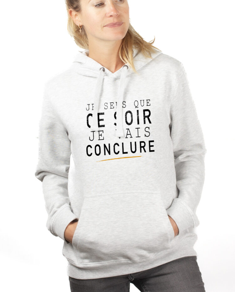 Le Bronzes Je sens que je vais conclure hoodie Sweat capuche Femme Blanc SWFBLA309