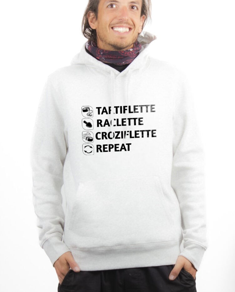 Tartiflette Raclette Croziflette repeat Hoodie Sweat capuche Homme Blanc SWHBLA293