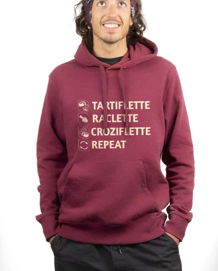 Tartiflette Raclette Croziflette repeat Hoodie Sweat capuche Homme bordeau SWHBOR293