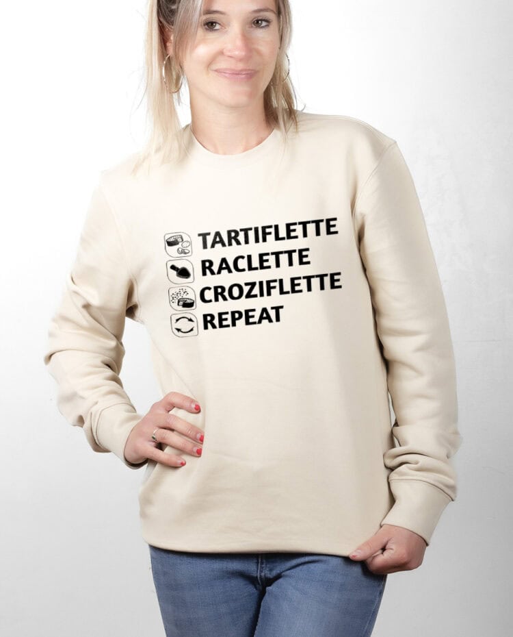 Tartiflette Raclette Croziflette repeat Pull Femme NATUREL PUFNAT293