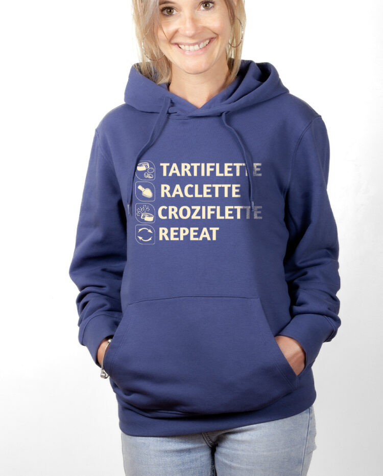 Tartiflette Raclette Croziflette repeat Sweat Femme Bleu SWFBLE293