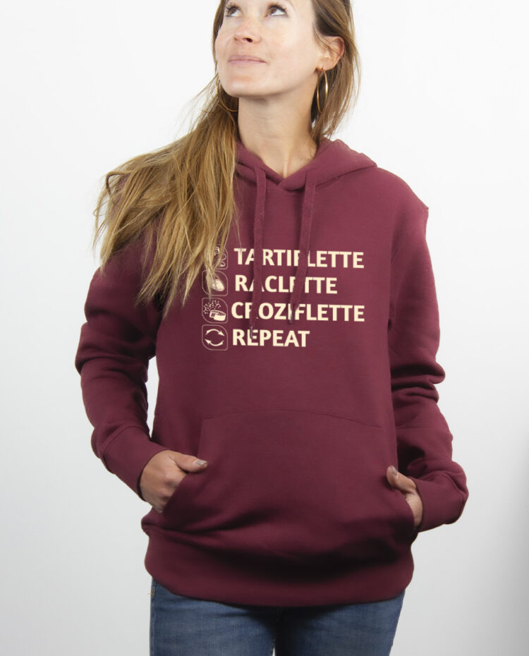 Tartiflette Raclette Croziflette repeat Sweat Femme Bordeau SWFBOR293