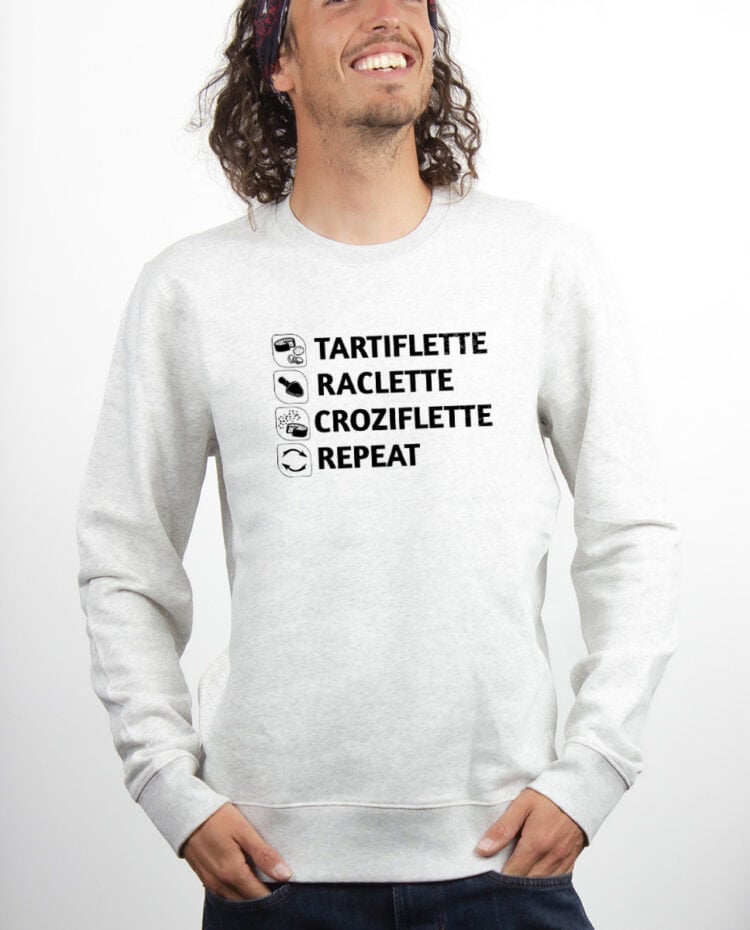 Tartiflette Raclette Croziflette repeat Sweatshirt Pull Homme Blanc PUHBLA293