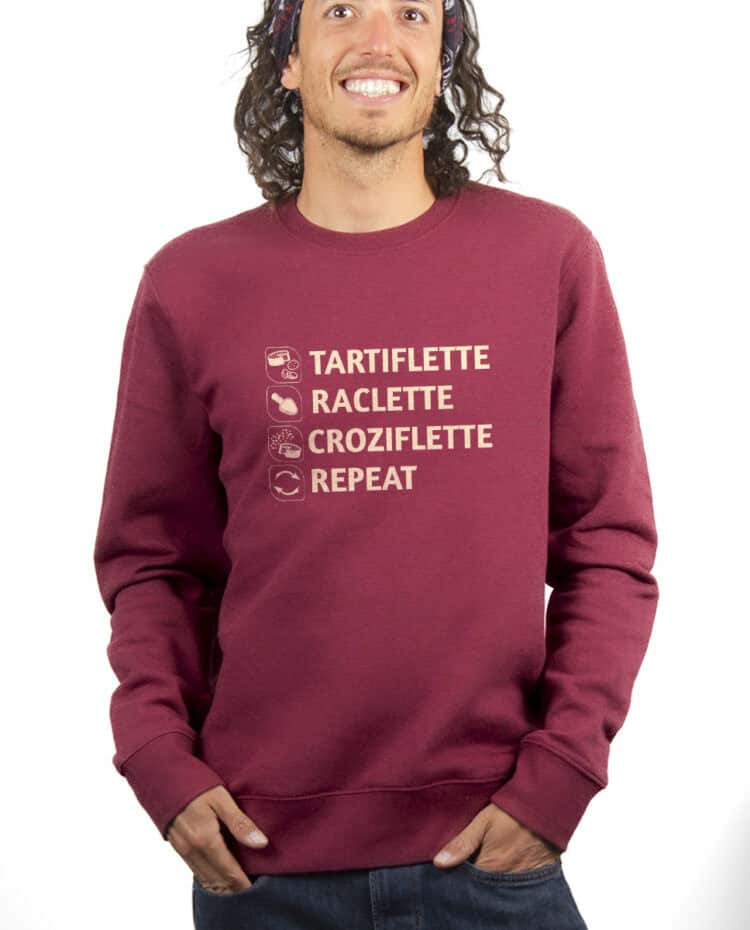 Tartiflette Raclette Croziflette repeat Sweatshirt Pull Homme Bordeau PUHBOR293