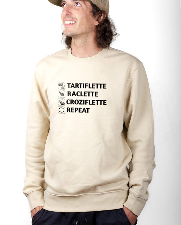 Tartiflette Raclette Croziflette repeat Sweatshirt Pull Homme Naturel PUHNAT293