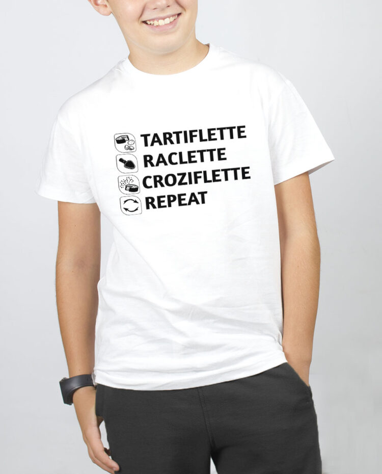 Tartiflette Raclette Croziflette repeat T SHIRT GARCON BLANC TSEB293