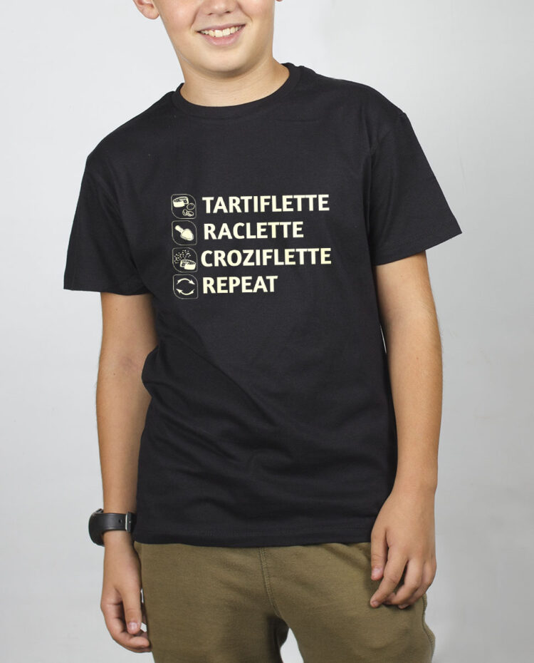 Tartiflette Raclette Croziflette repeat T SHIRT GARCON NOIR TSEN293