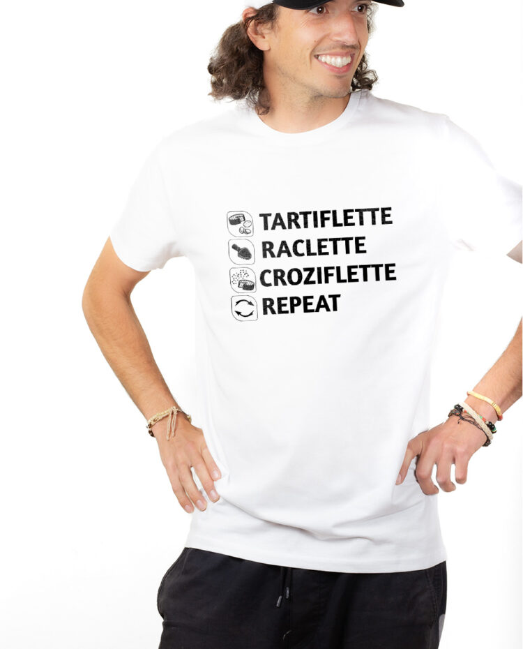 Tartiflette Raclette Croziflette repeat T shirt Homme Blanc TSHB293