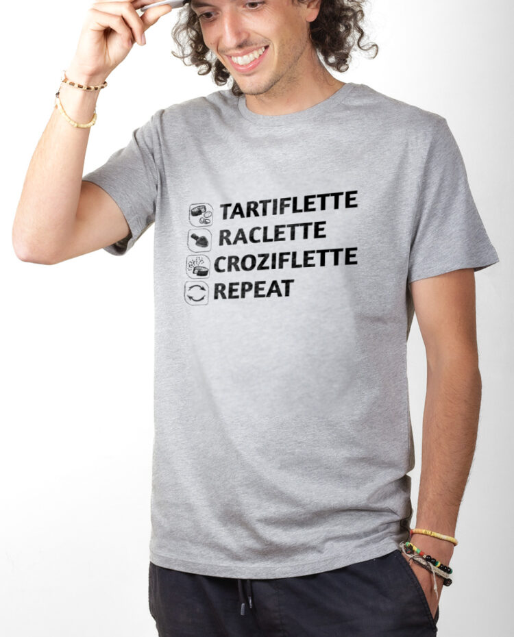 Tartiflette Raclette Croziflette repeat T shirt Homme Gris TSHG293